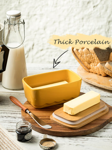 YHOJOY butter dish with wooden lid preserves freshness and adds rustic style.