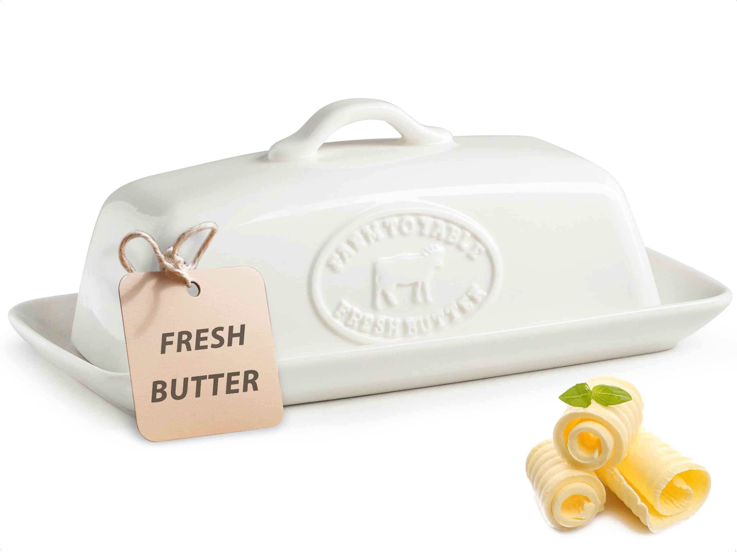 YHOJOY cow butter dish with lid on countertop keeps butter protected and fresh