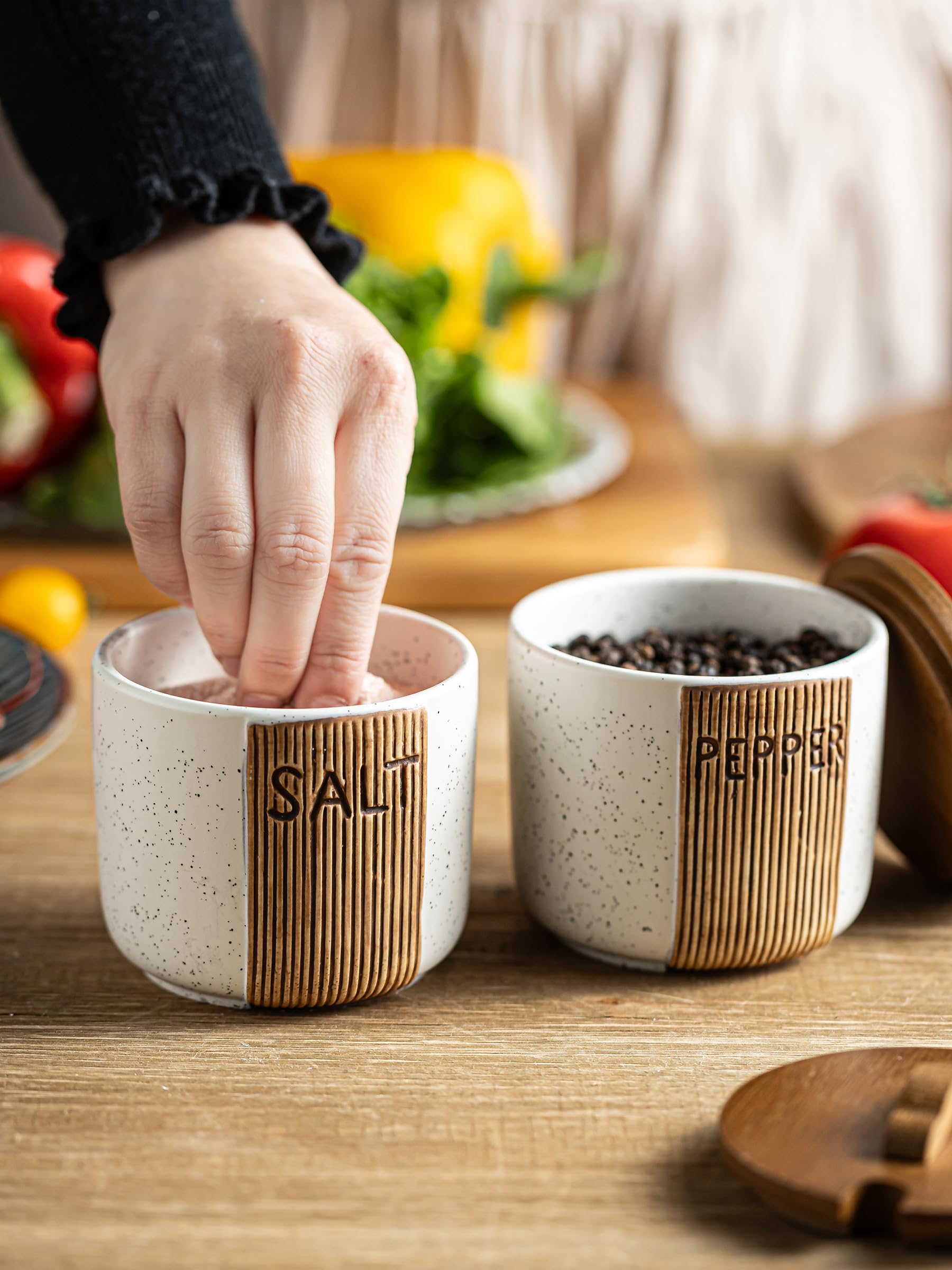 YHOJOY rustic kitchen decor salt storage complements countertop decor.