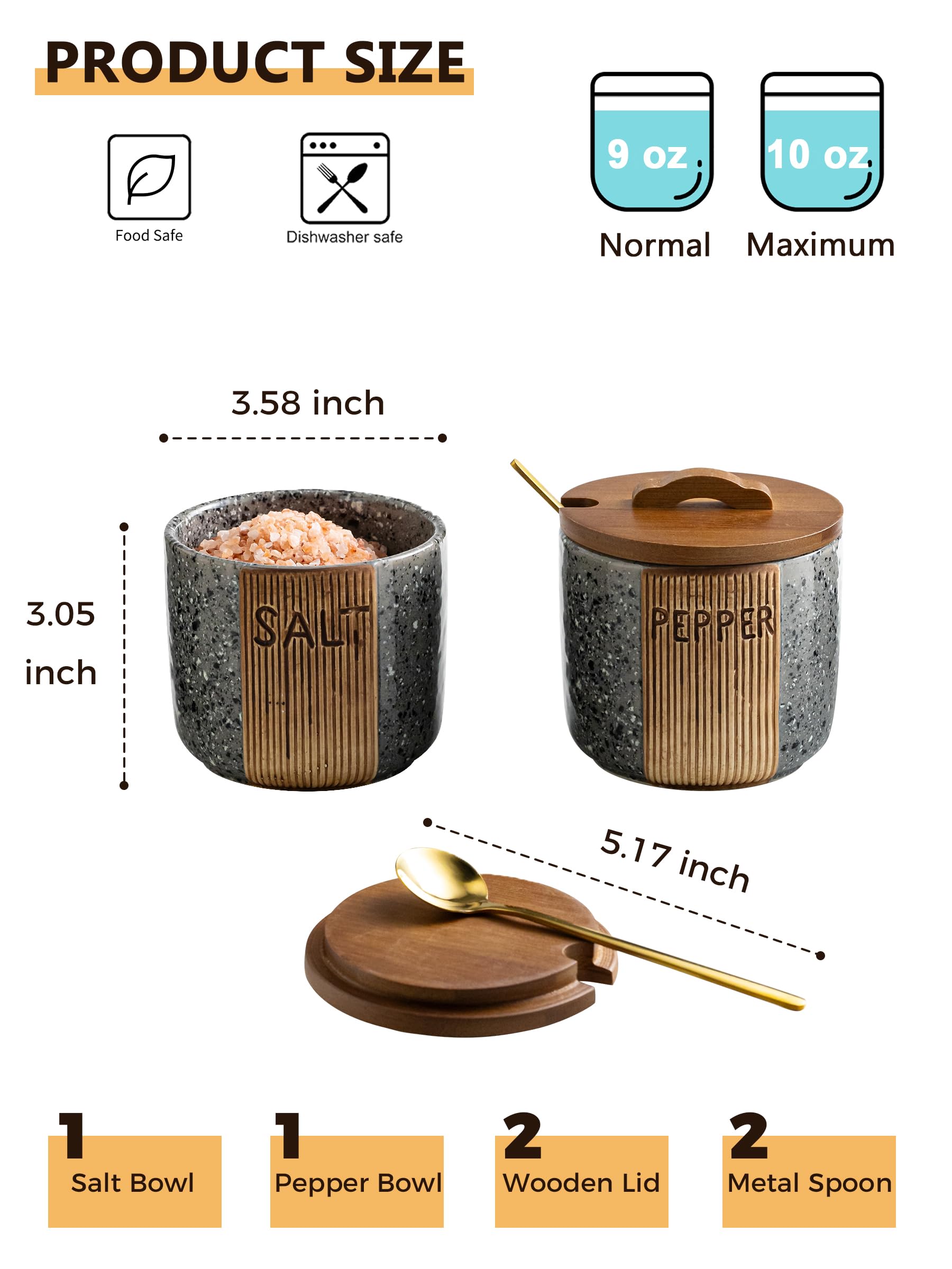 YHOJOY wooden-lid salt container keeping spices fresh on counter.