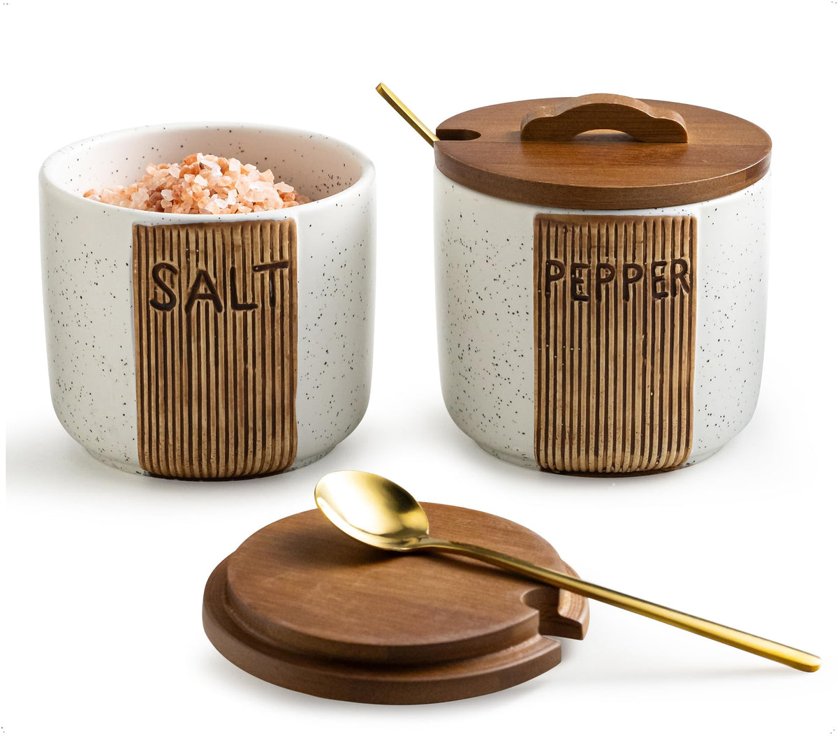 YHOJOY salt-pepper bowl with woodlid for quick, mess-free seasoning on the counter.