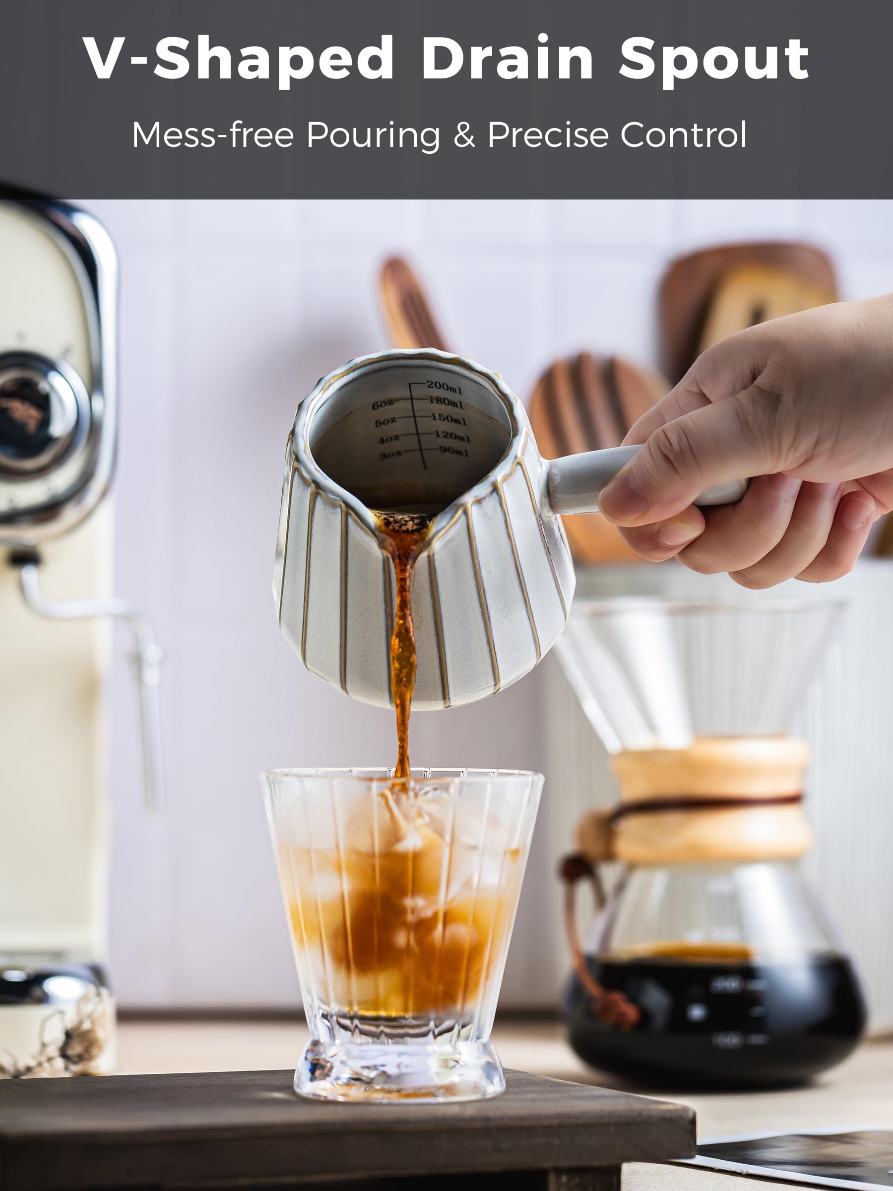 YHOJOY smooth pouring spout reduces drips during espresso or sauces.