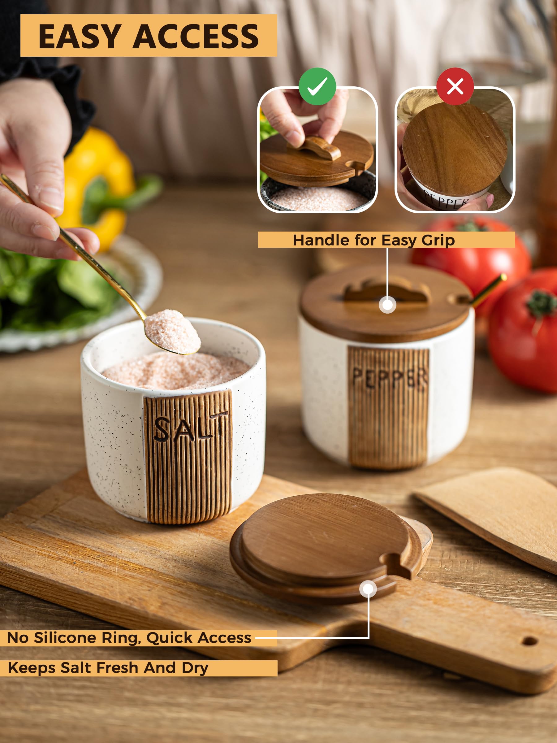 YHOJOY woodgrain embossed salt cellar adds rustic charm and durability to your kitchen.