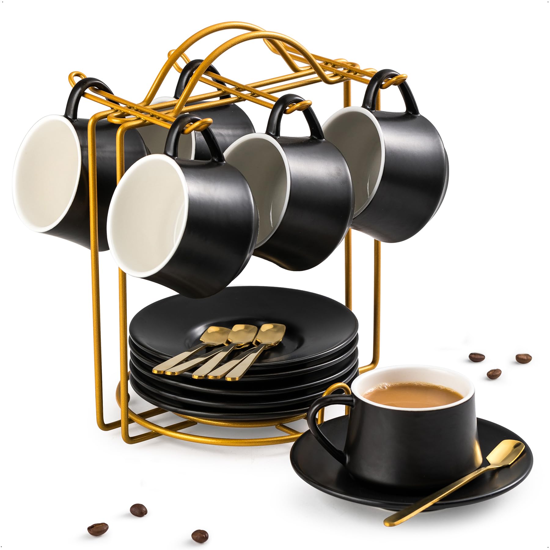 YHOSSEUN ceramic espresso cups 6-set with stand and saucers for organized serving