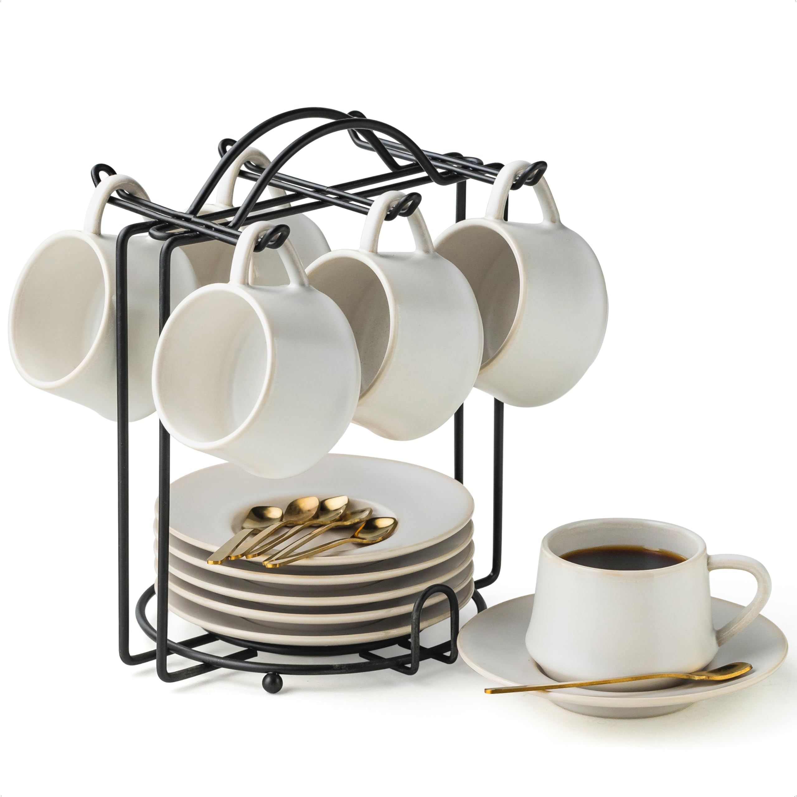 YHOSSEUN espresso cups with saucers on a metal stand, ideal for organized display.