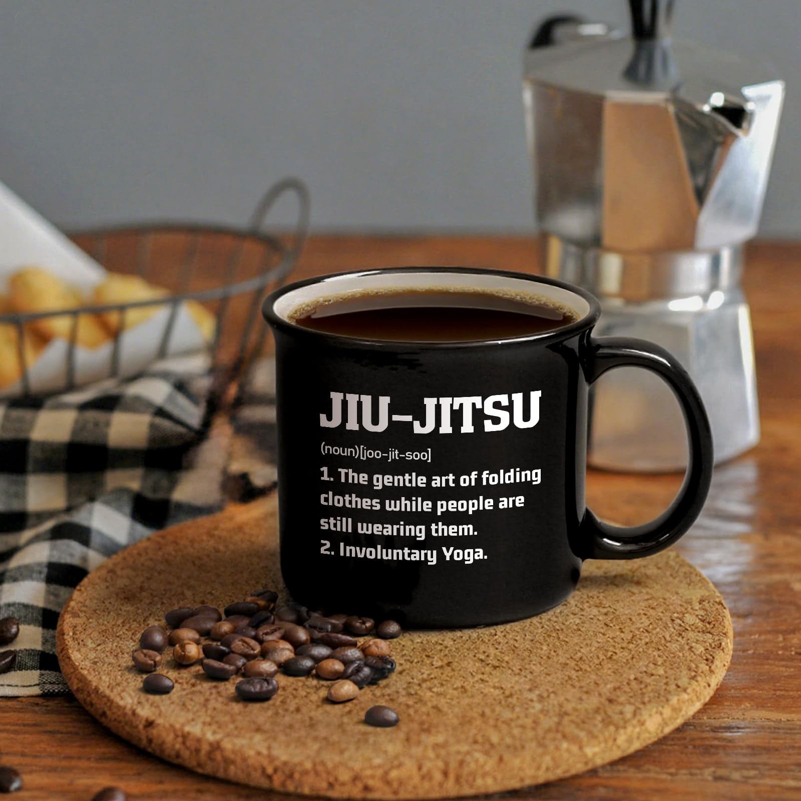 YHRJWN mug with anti-slip base on gym surface.