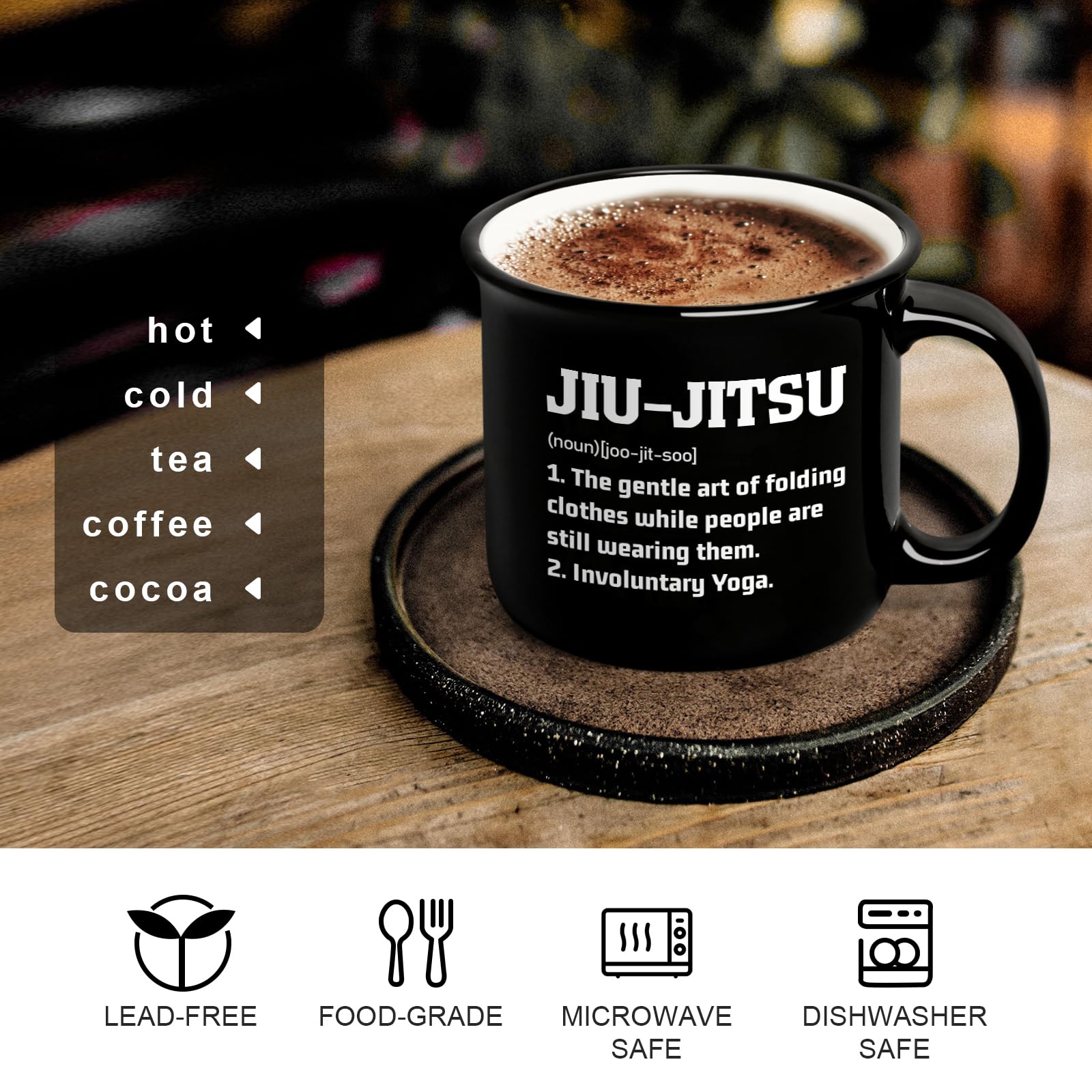 YHRJWN Jiu Jitsu mug back view with humorous quotes.