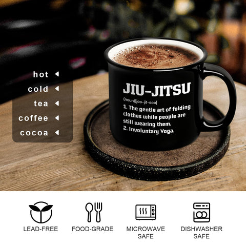 YHRJWN Jiu Jitsu mug back view with humorous quotes.