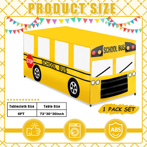 Yiaoyinnz tablecloth close-up highlights vibrant yellow bus and stop sign design.