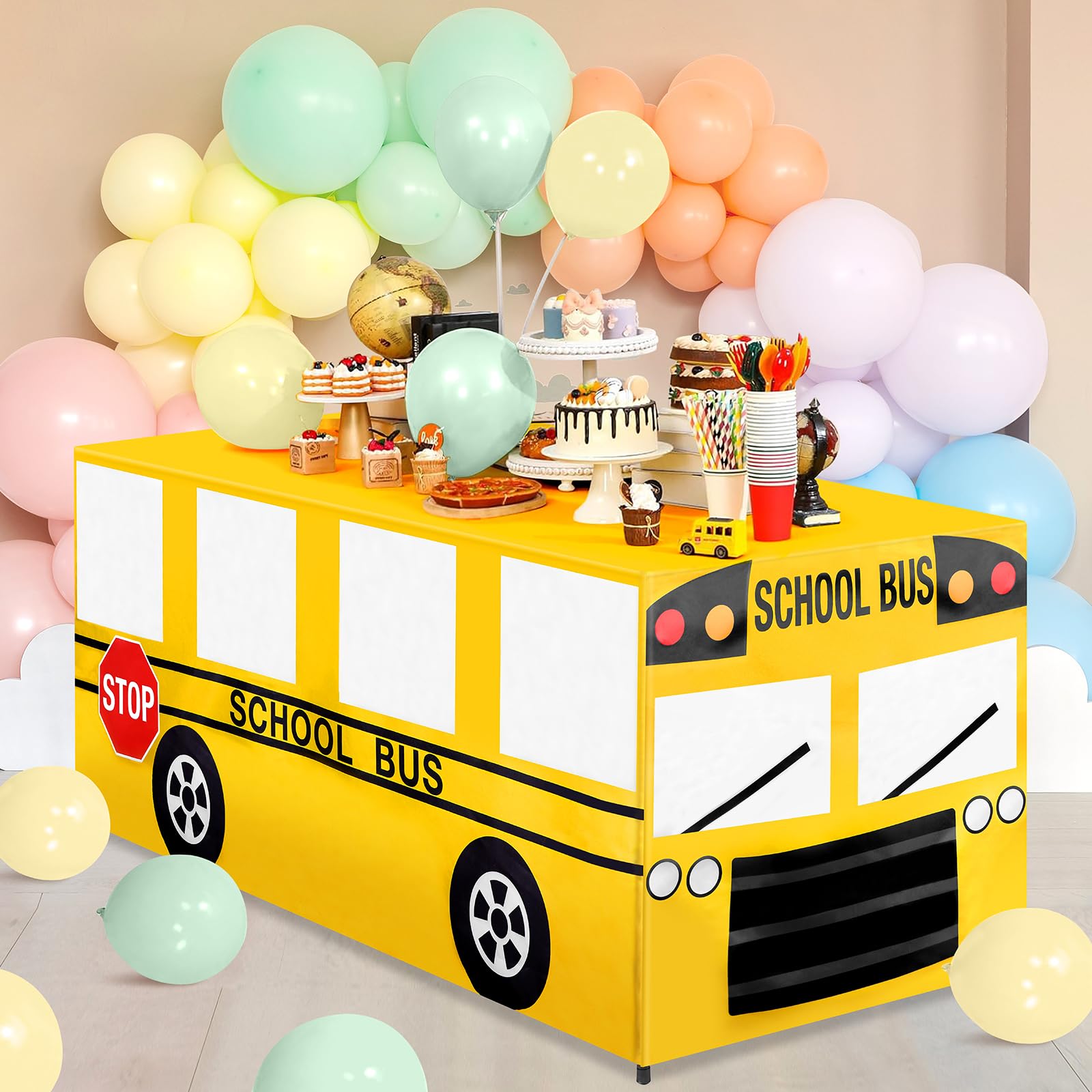 Yiaoyinnz school bus tablecloth package image shows complete set for quick party setup.