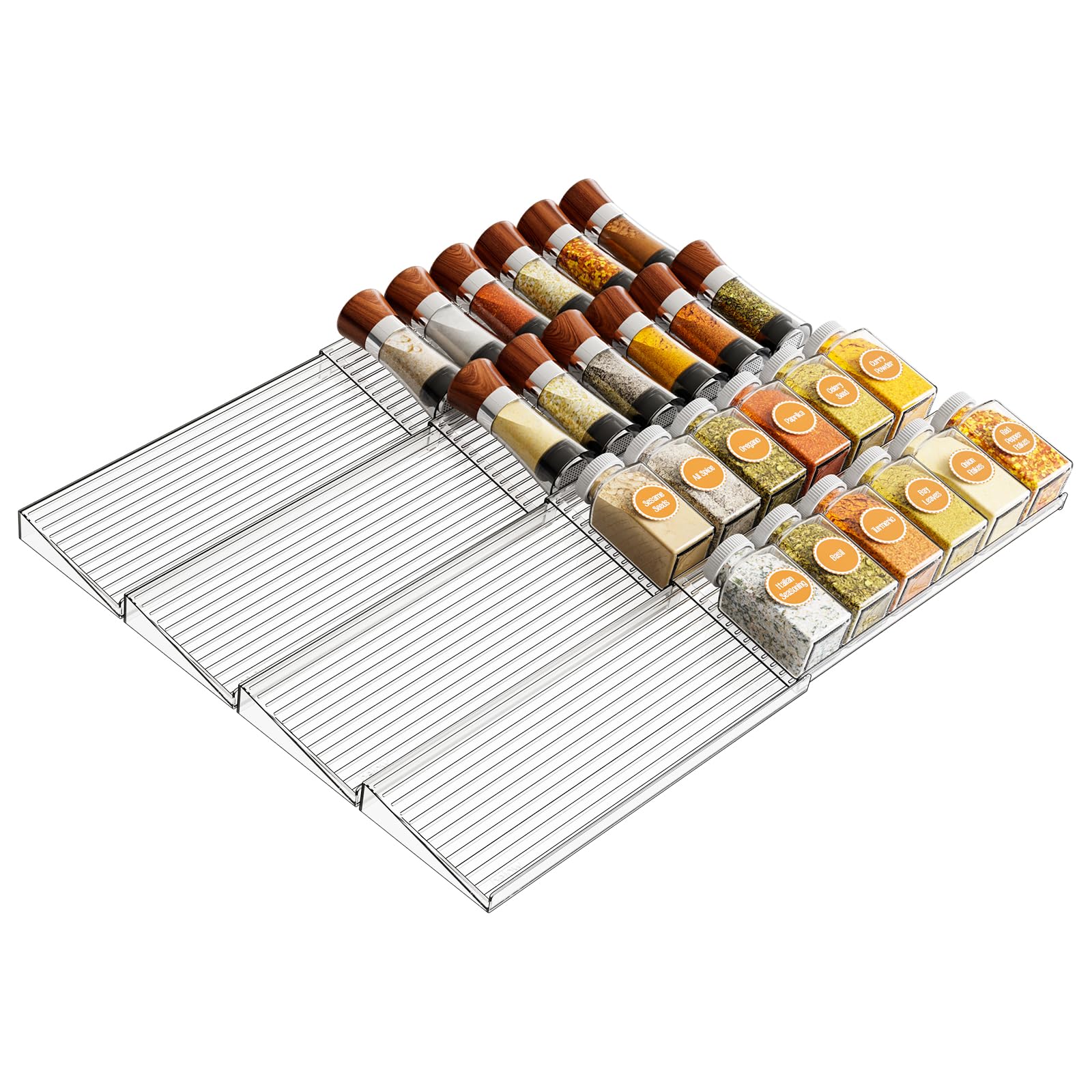 Yieach 8-pack in-drawer spice organizer, extendable to 22 inches for neat jars.
