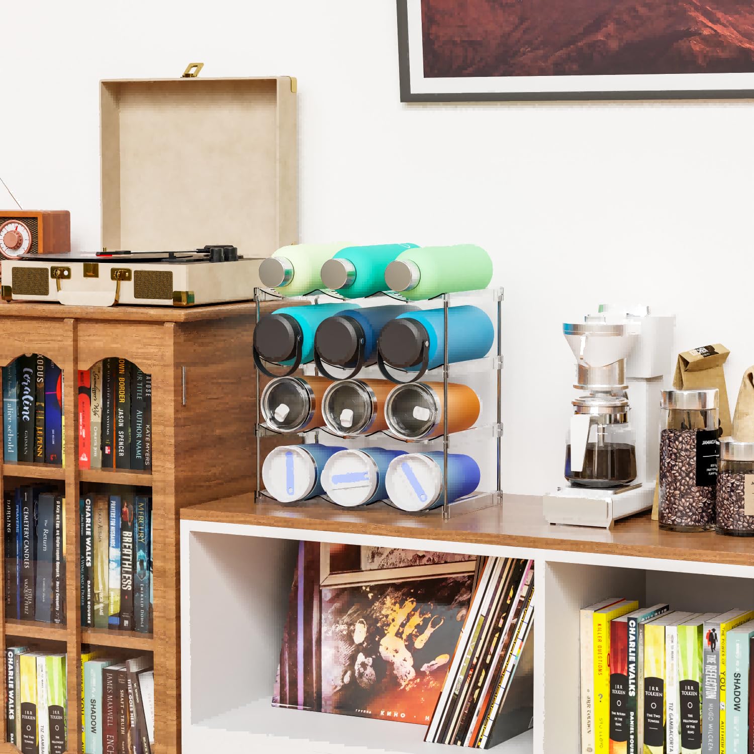 Yieach compact stackable rack helps maximize vertical space.