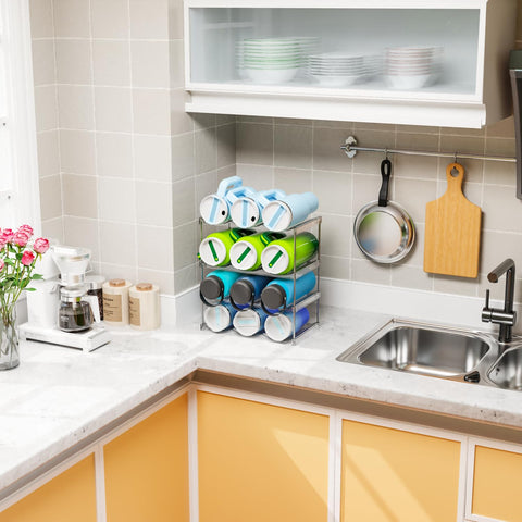 Yieach versatile storage for water bottles, travel mugs, and wine.