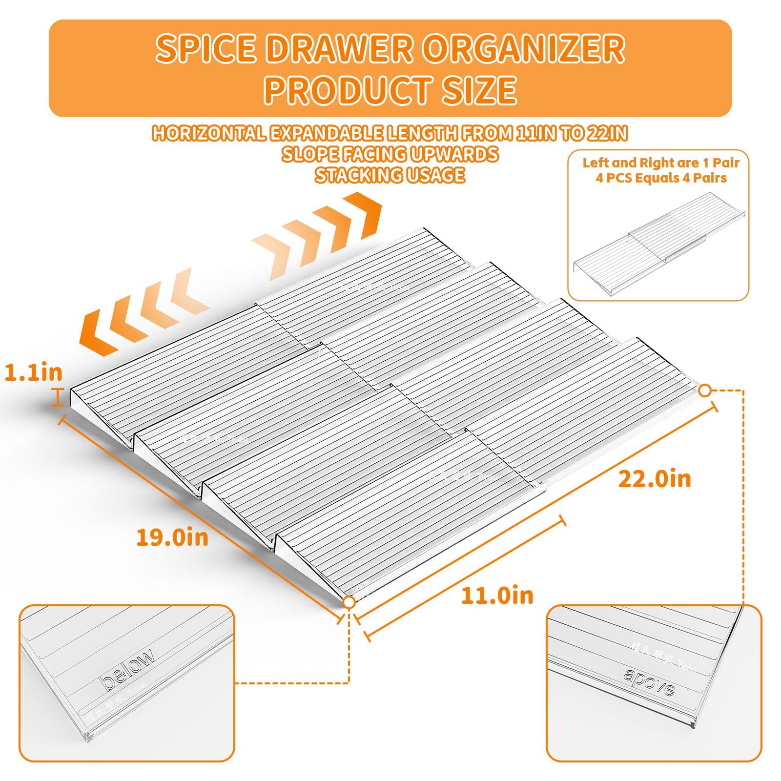Yieach clear acrylic spice tray displays contents clearly in the drawer.