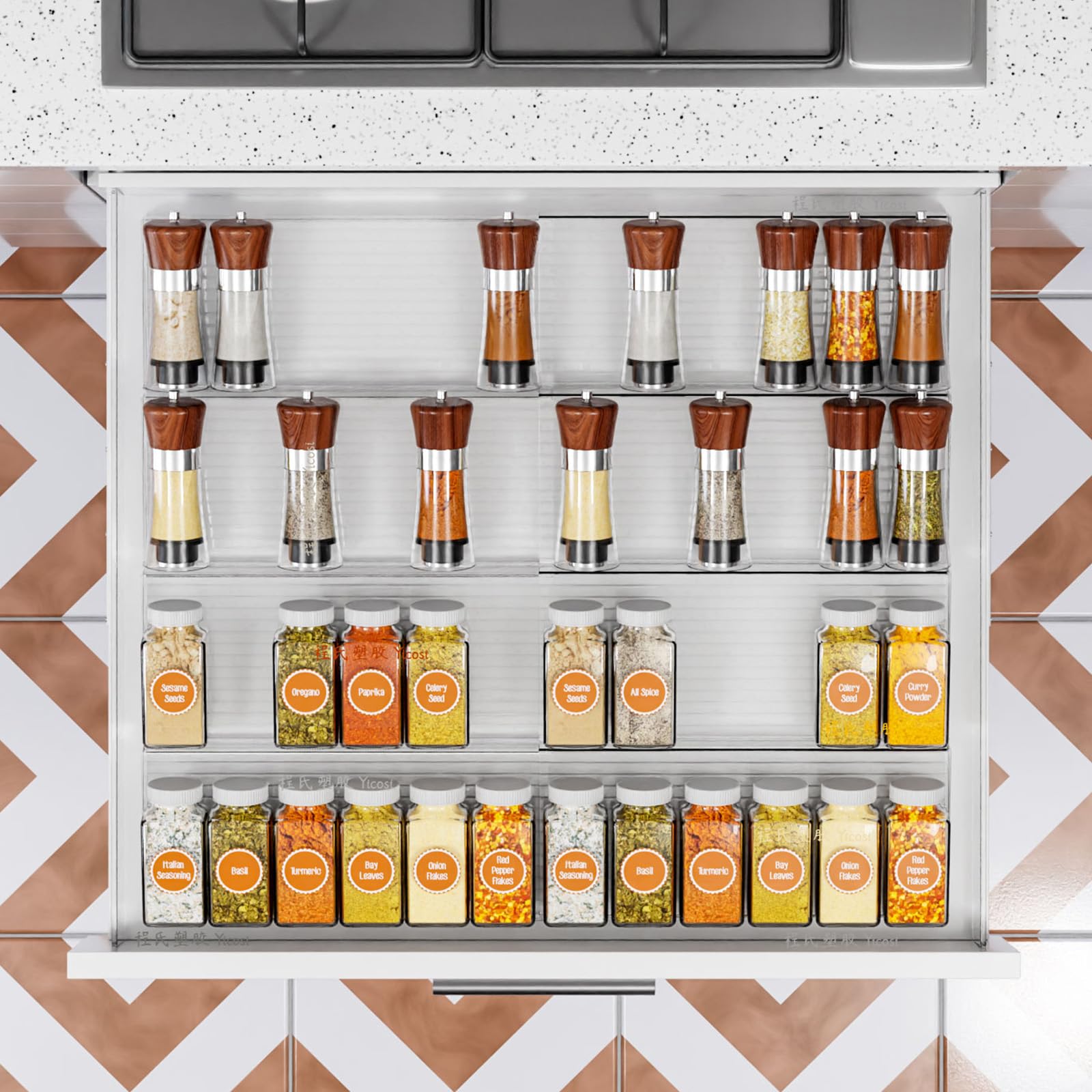 Yieach crystal-clear display highlights spices in a tidy drawer.
