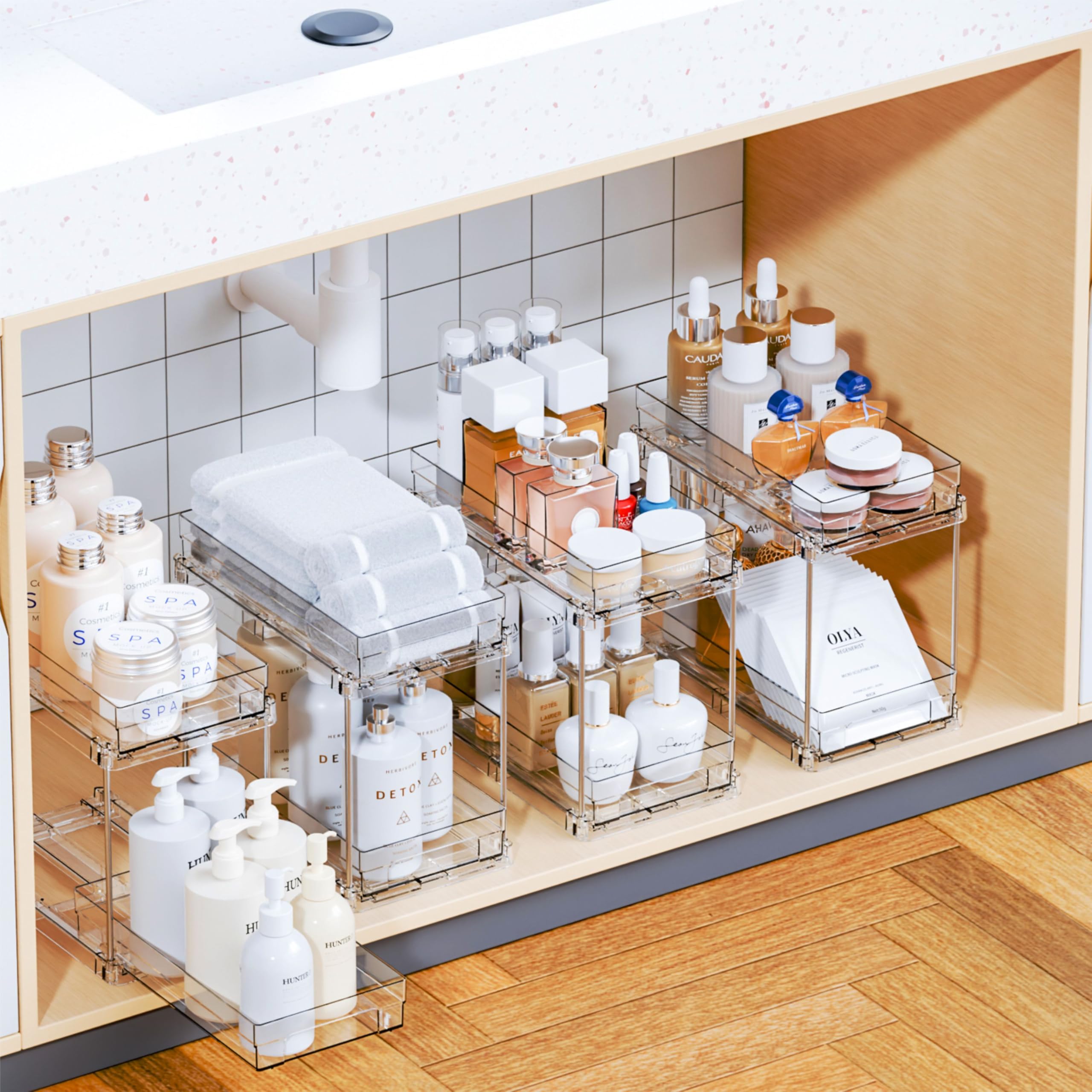 Yieach pull-out cabinet organizer with 2-tier track design for secure, easy access