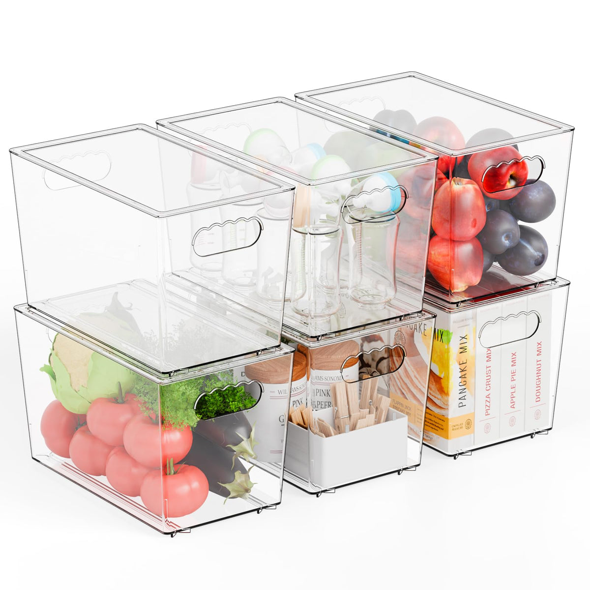 Yieach six-pack stackable clear storage bins with lids for organized pantry setup