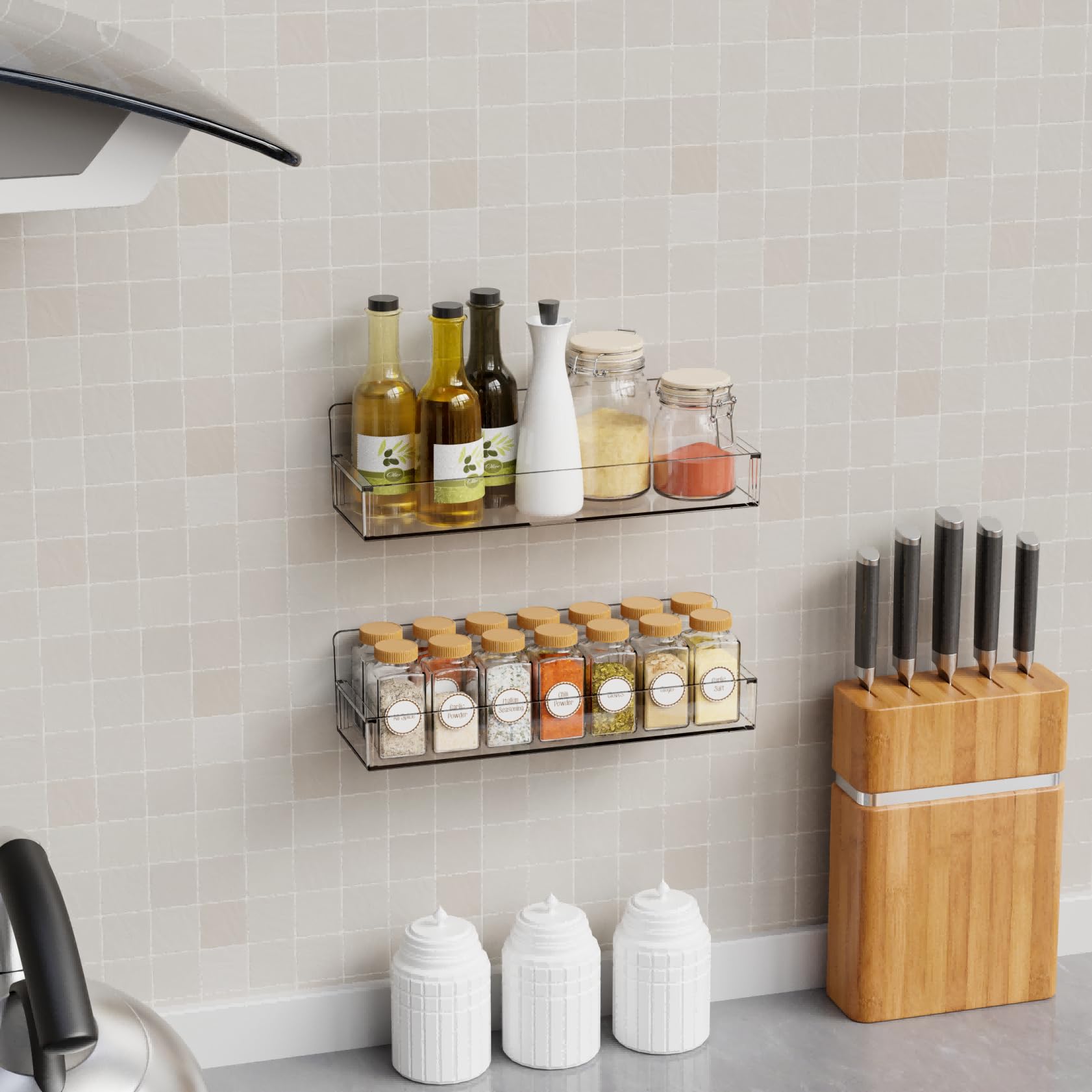 Yieach clear acrylic rack on cabinet door blends with decor.