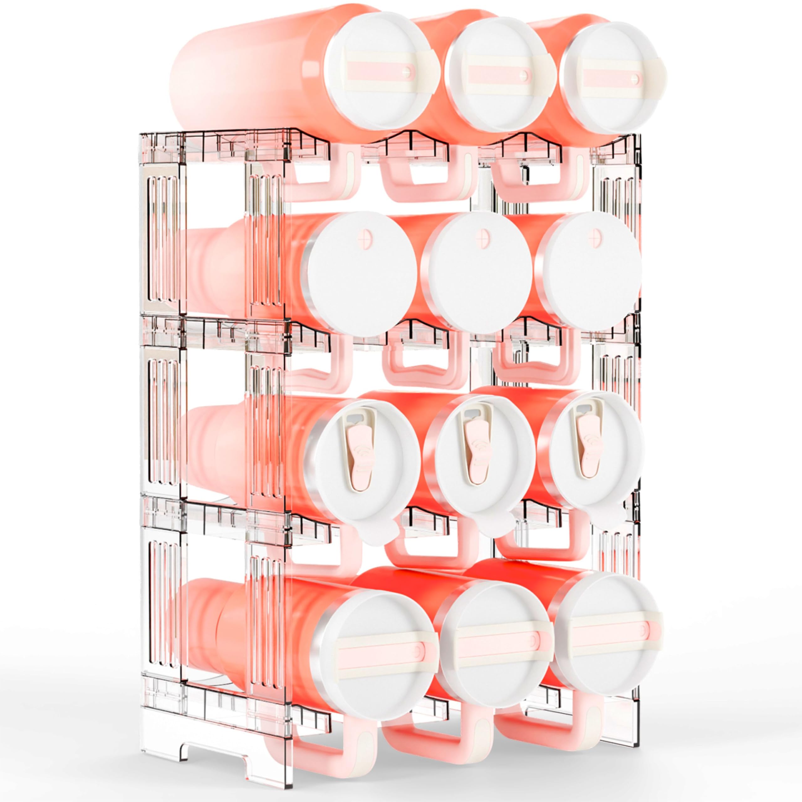 Yieach stackable cup organizer in a 4-tier configuration saves cabinet space.