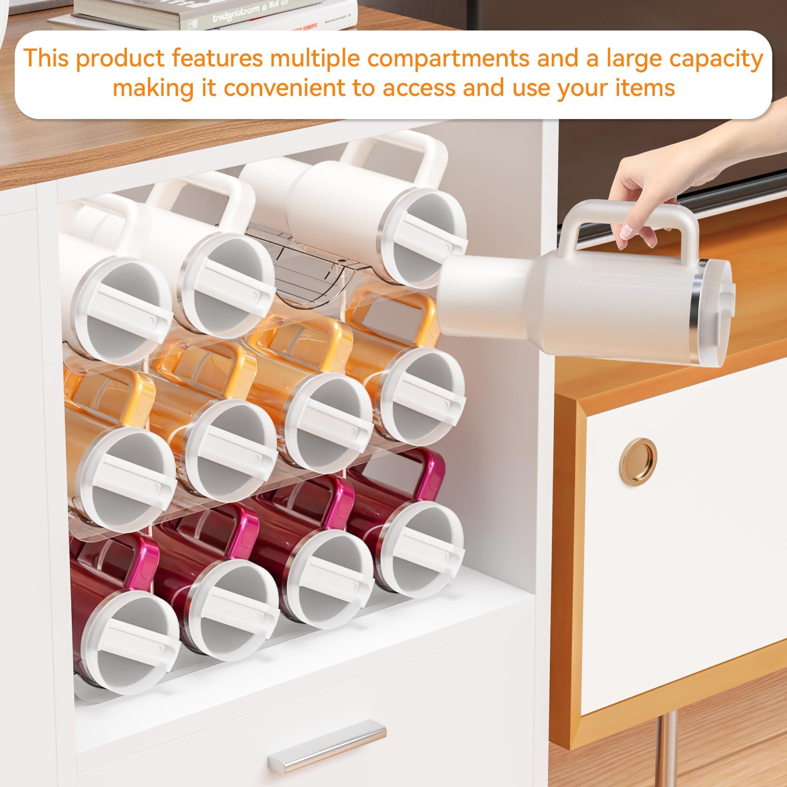 Tall bracket accommodates Stanley 40 oz and large tumblers for easy reach