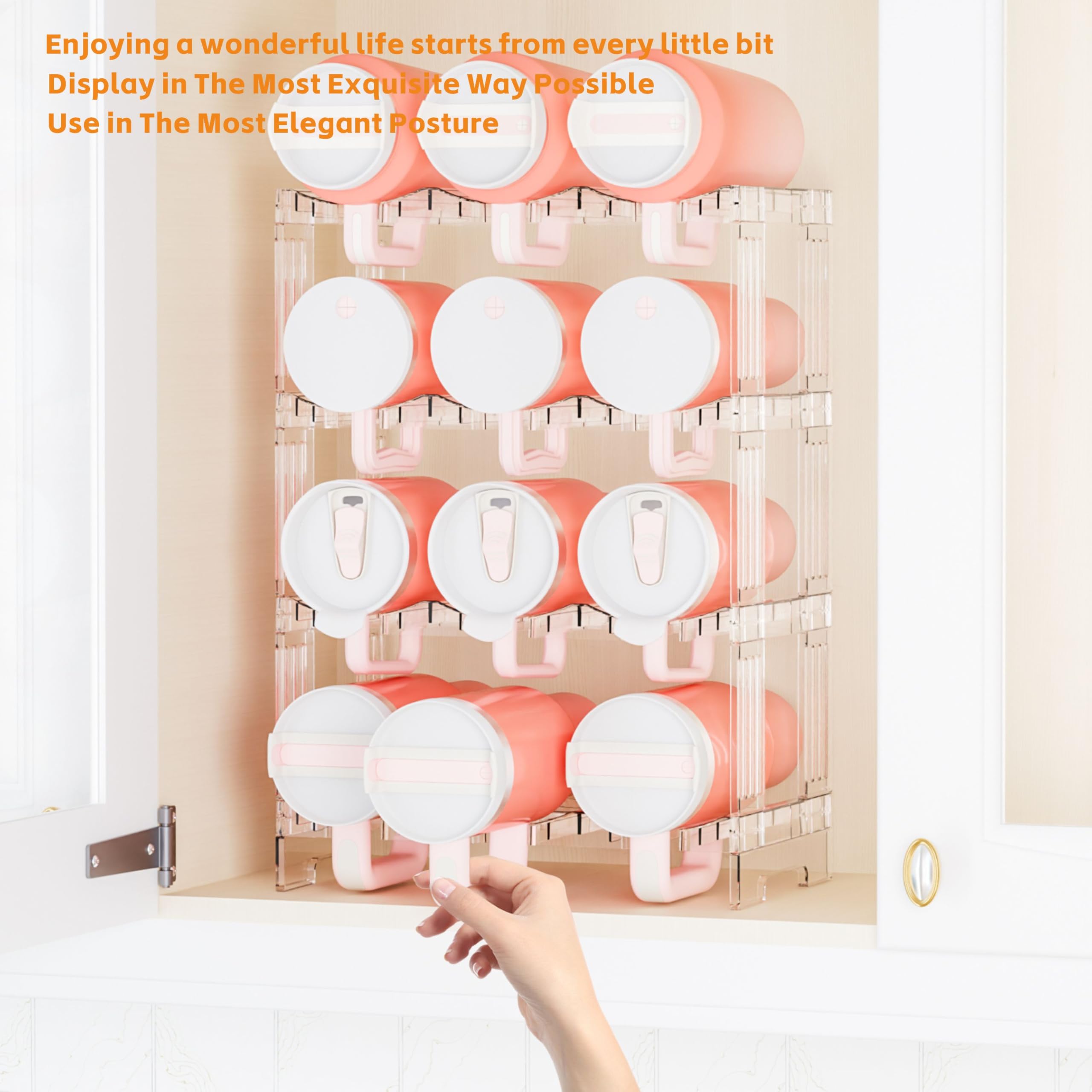 Yieach tumbler organizer with handle slots keeps large bottles upright.