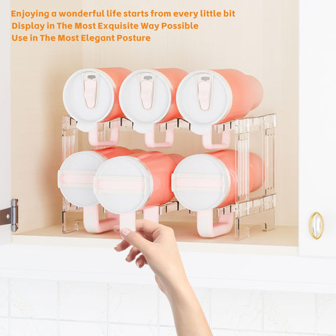 Yieach two-tier organizer demonstrates tall tumbler storage in a compact cabinet