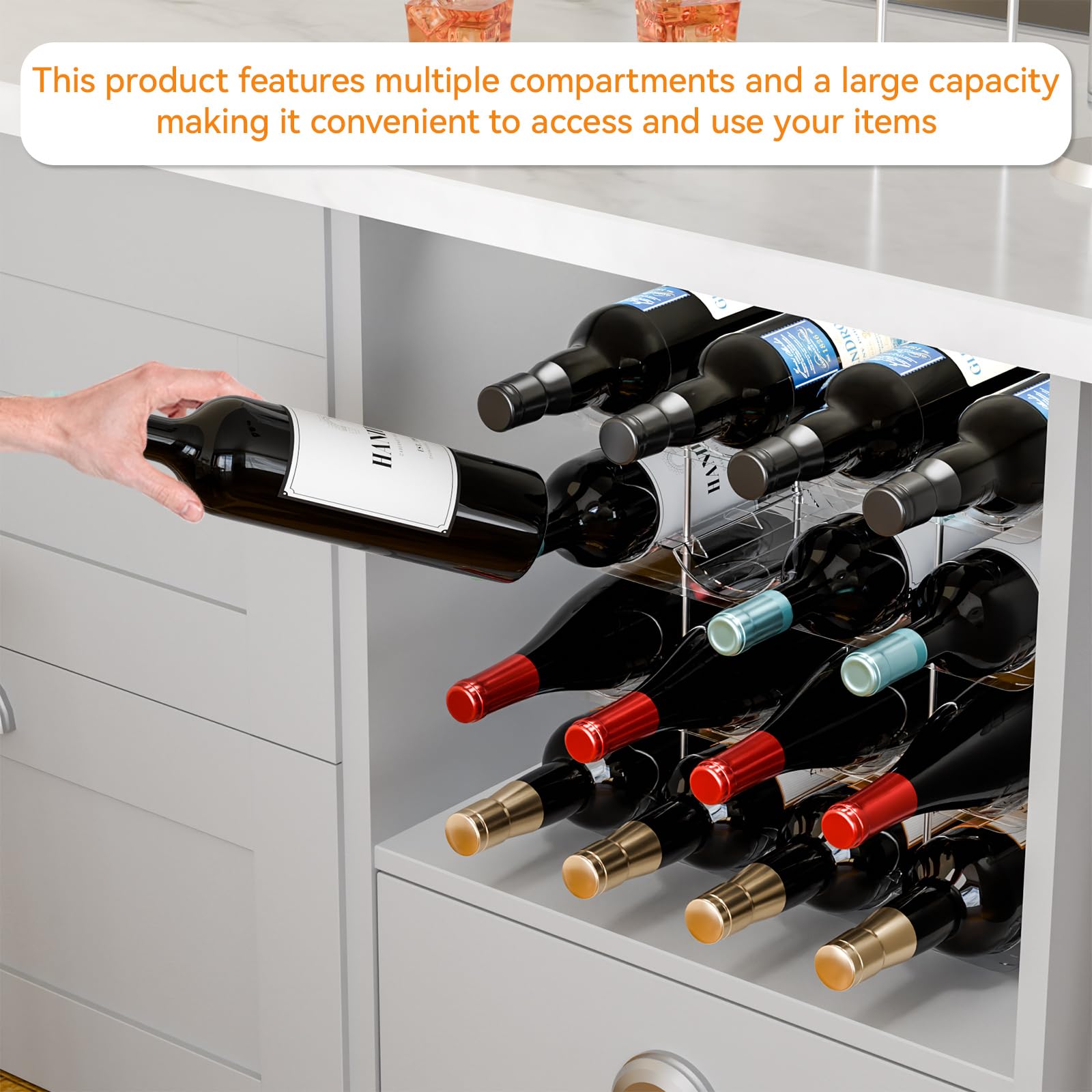 Yieach wine bottle storage display keeps bottles neatly arranged and visible.