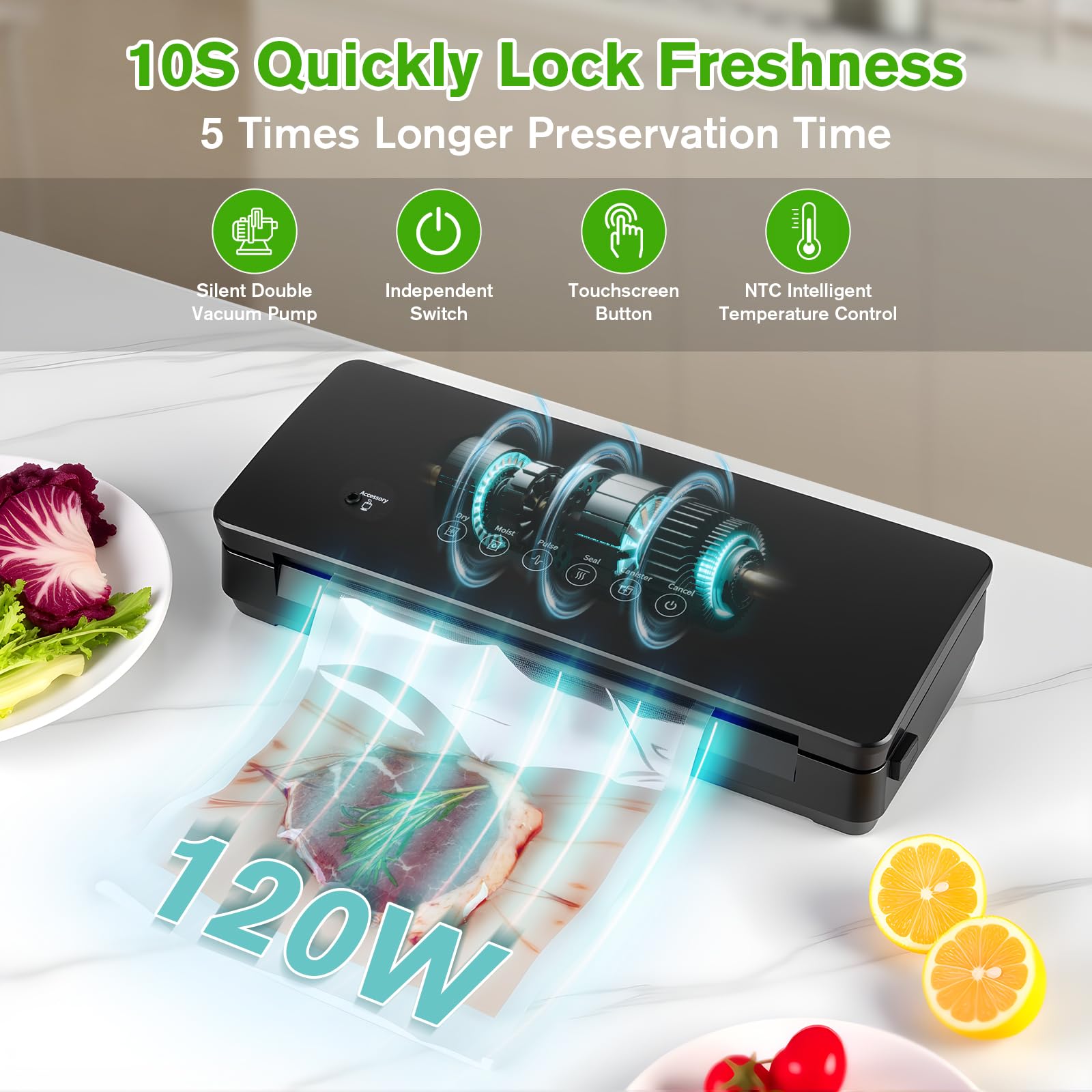Control panel with five modes for precise Dry, Moist, Pulse, Seal, Canister sealing.
