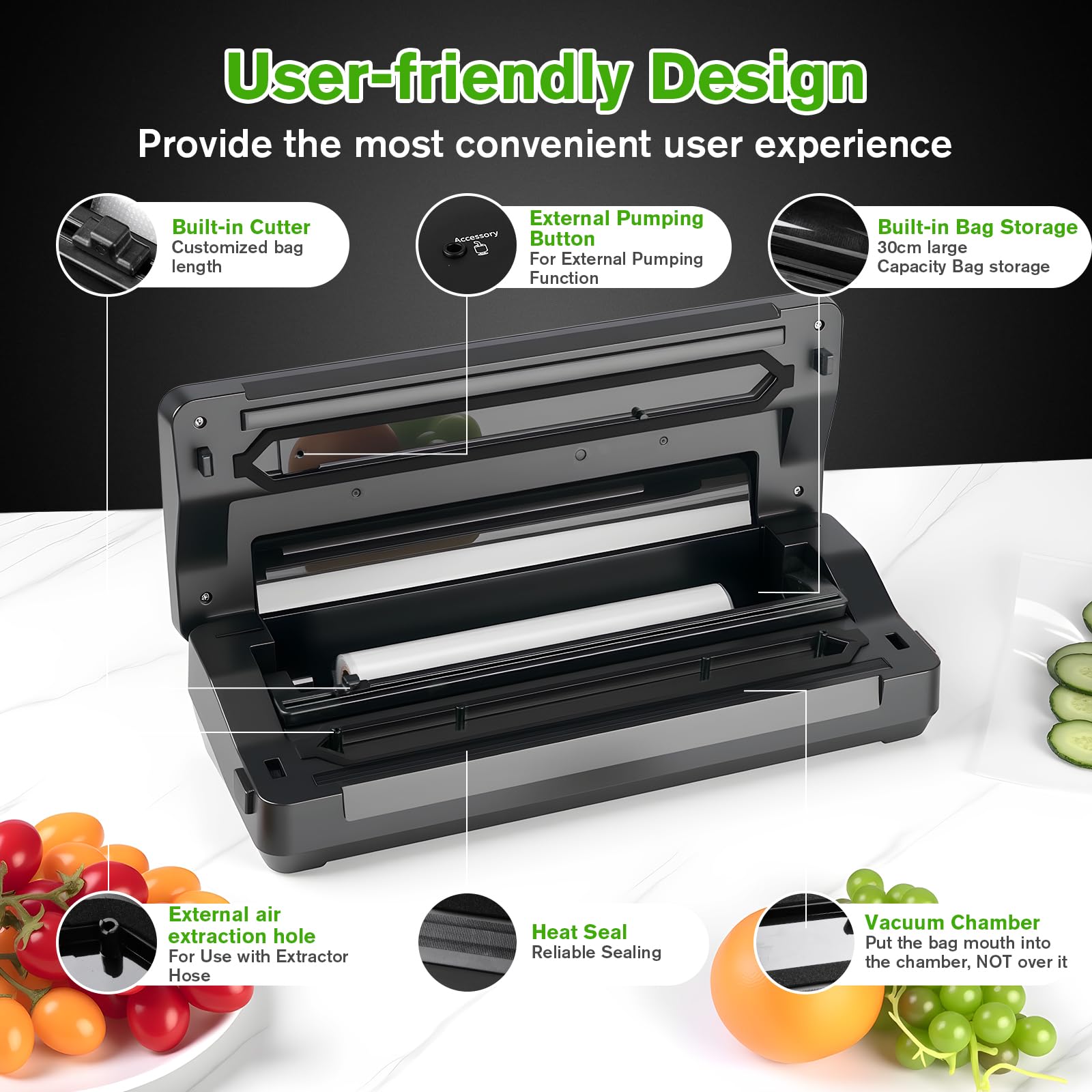 Detachable power cord and roll storage keep counters tidy and ready.