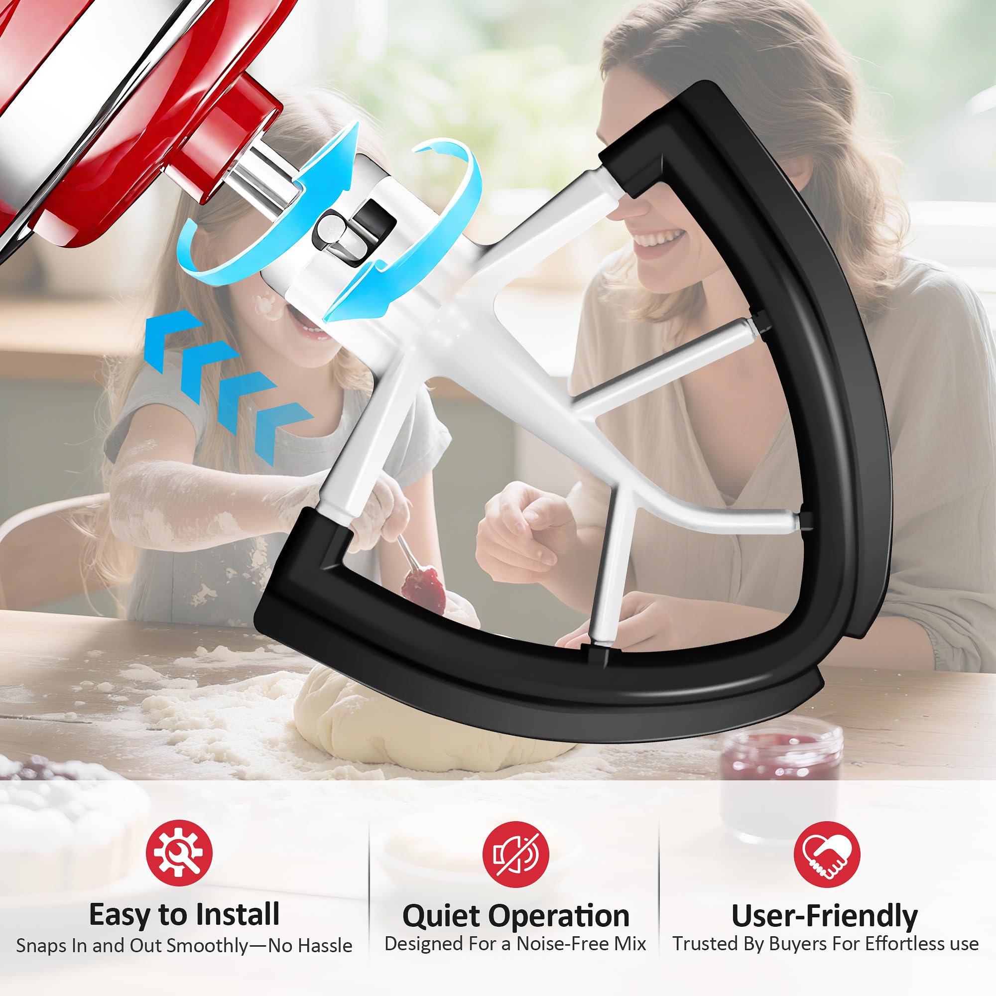 YIFOCUS edge-scrape beater complements bowl with a sleek edge design for thorough blending