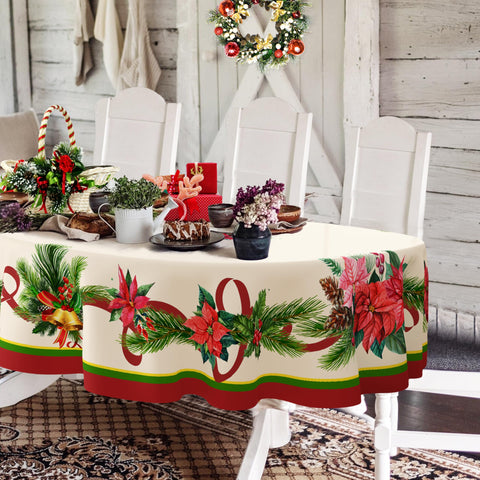 Yighty oval Christmas tablecloth with poinsettia motif adds festive elegance to holiday dining.