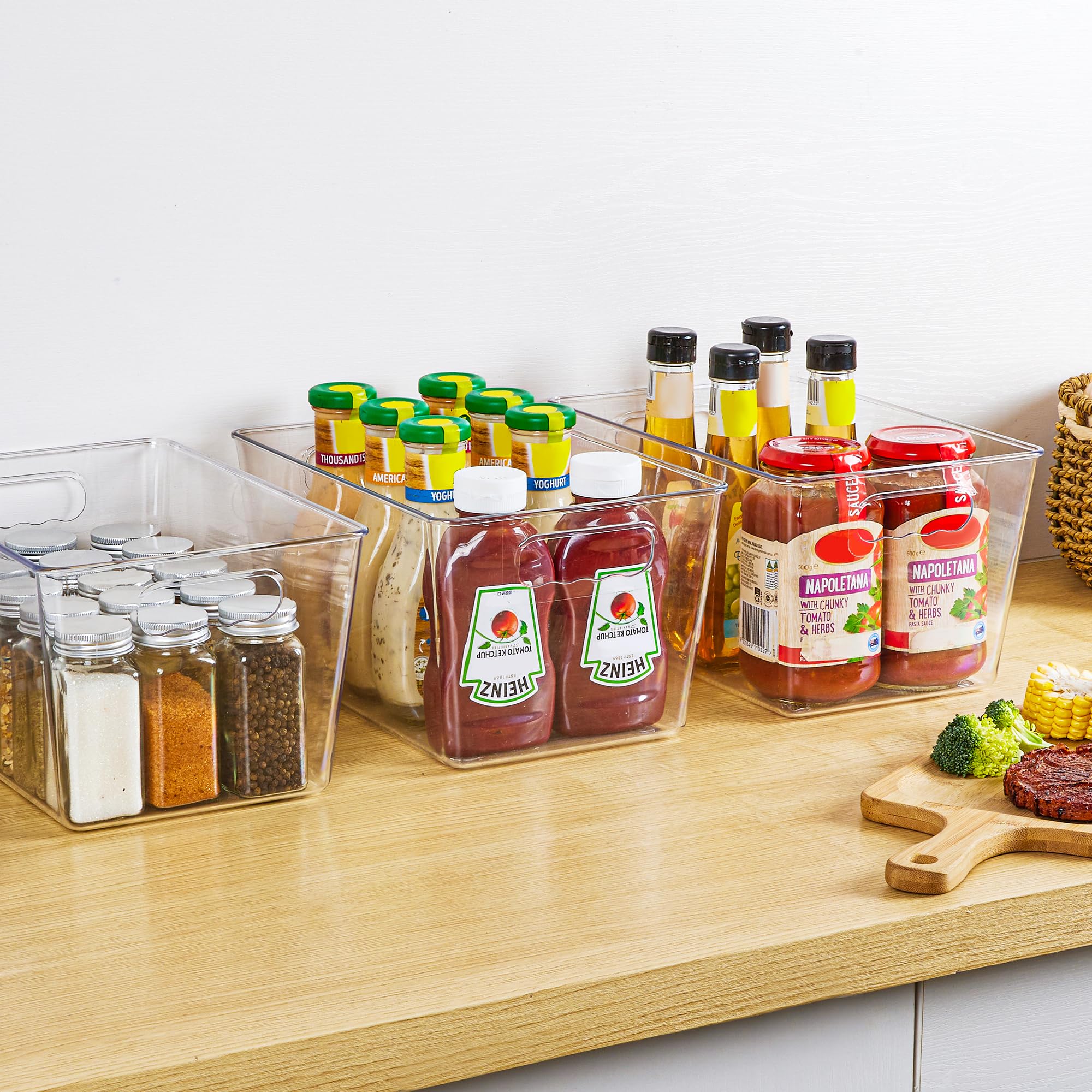 YIHONG fridge and pantry organization bin groups similar items together.