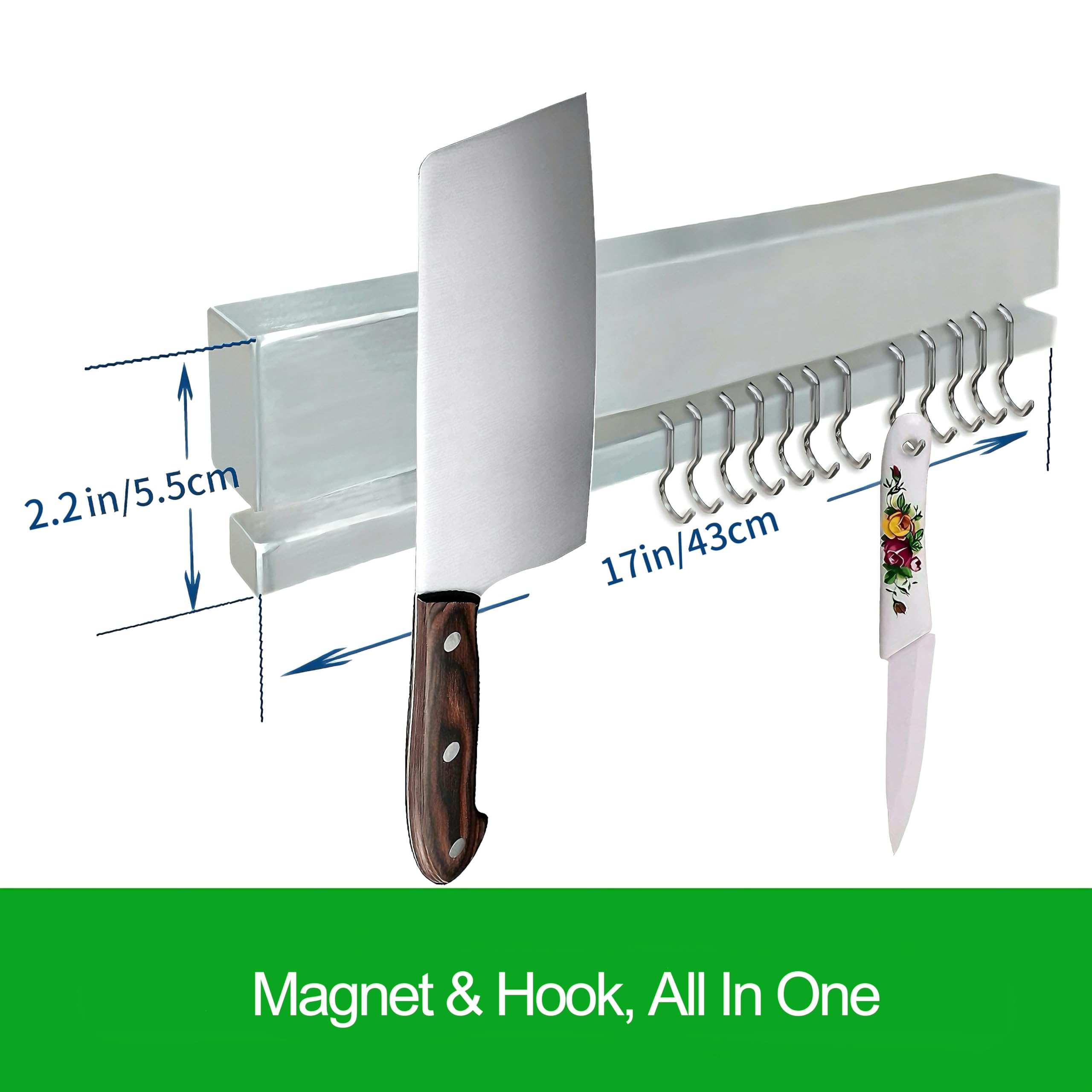YIIYIIN 12-hooks magnetic strip organizes knives and utensils for easy reach.