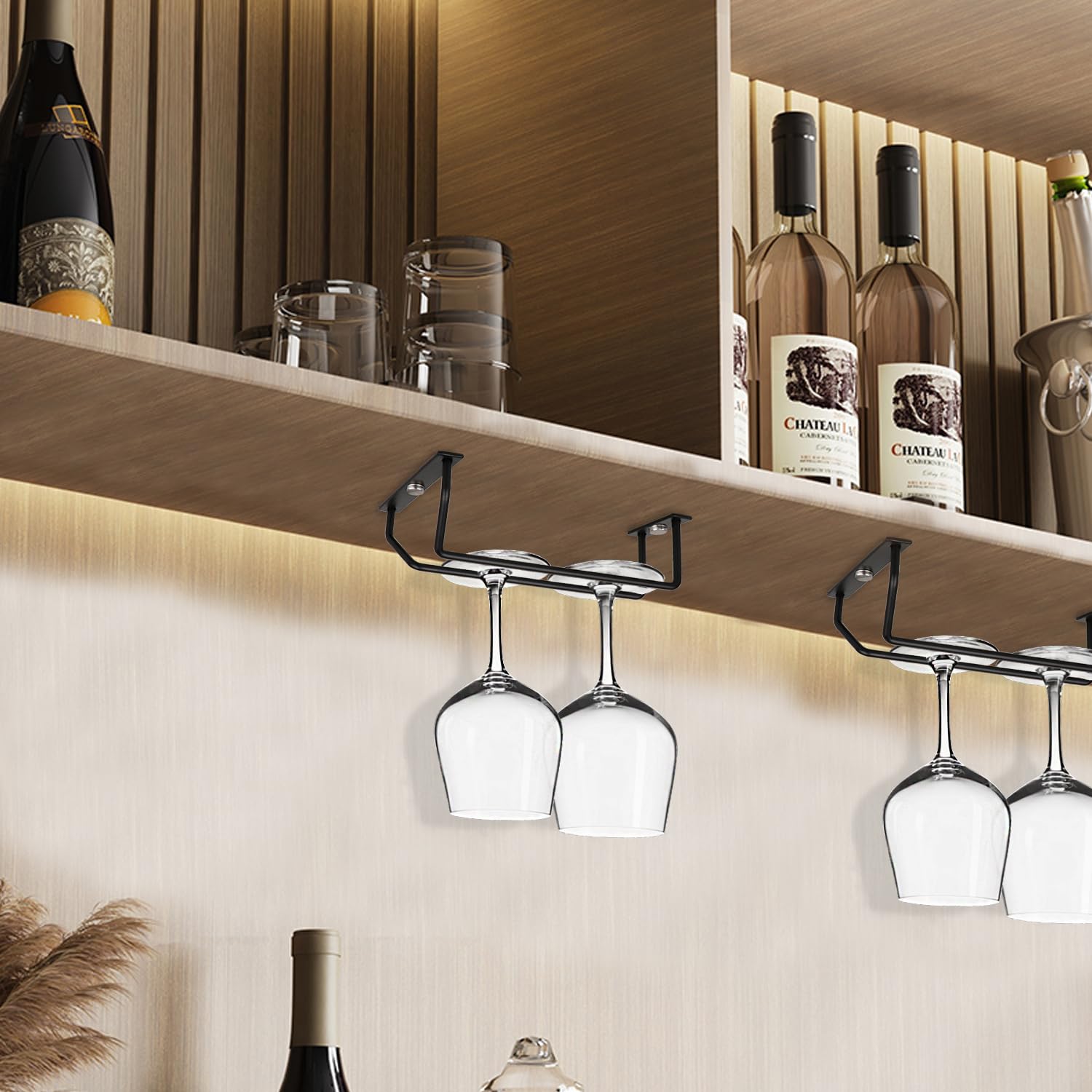 Easy install under-cabinet wine glass holder includes mounting screws for quick setup