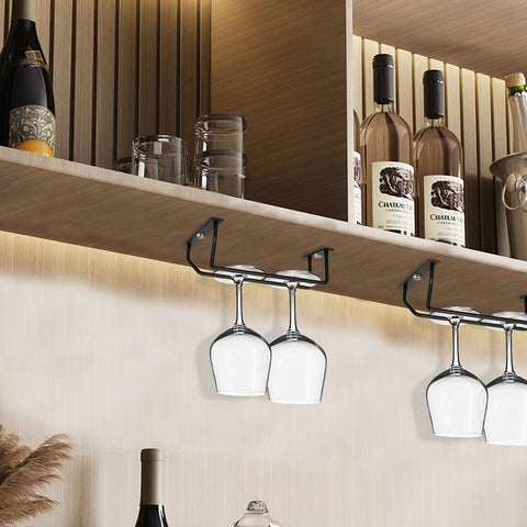 Easy install under-cabinet wine glass holder includes mounting screws for quick setup