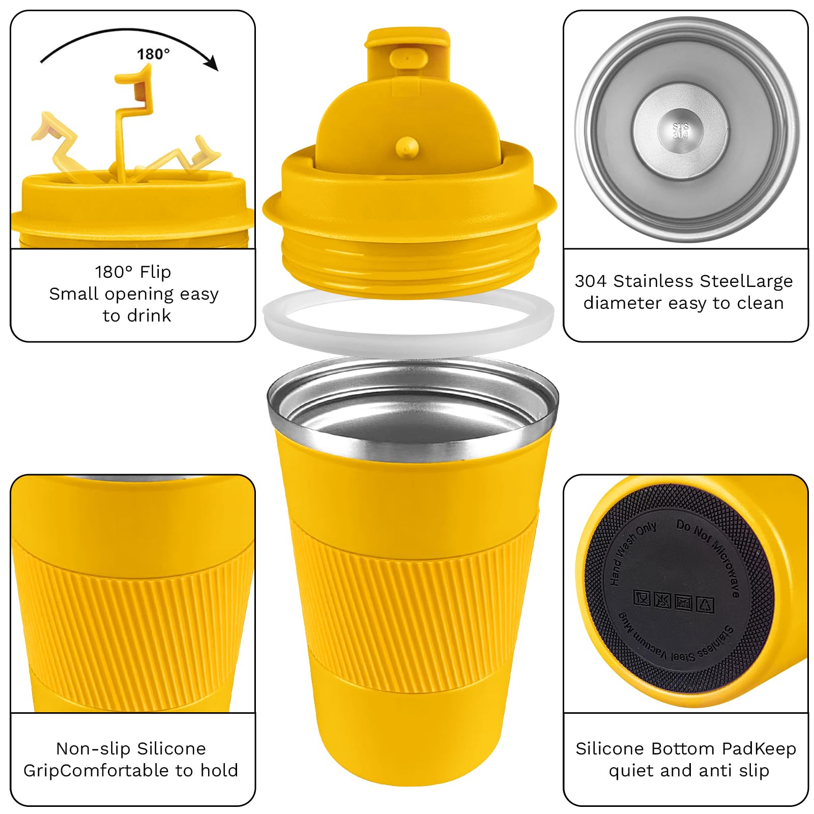 YINBAOGE insulated coffee tumbler yellow body, keeps drinks at the right temperature during commutes.