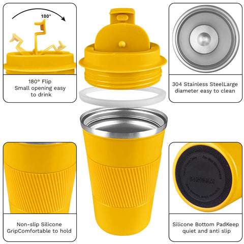 YINBAOGE insulated coffee tumbler yellow body, keeps drinks at the right temperature during commutes.