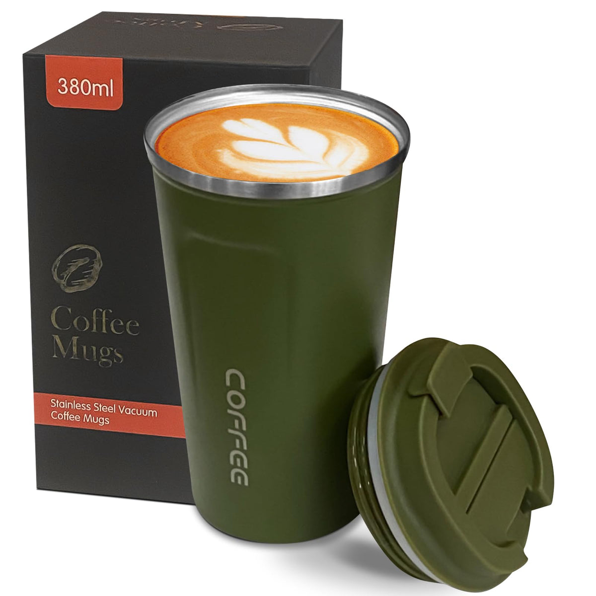 YINBAOGE insulated travel mug 12oz green, side view showing portable heat retention
