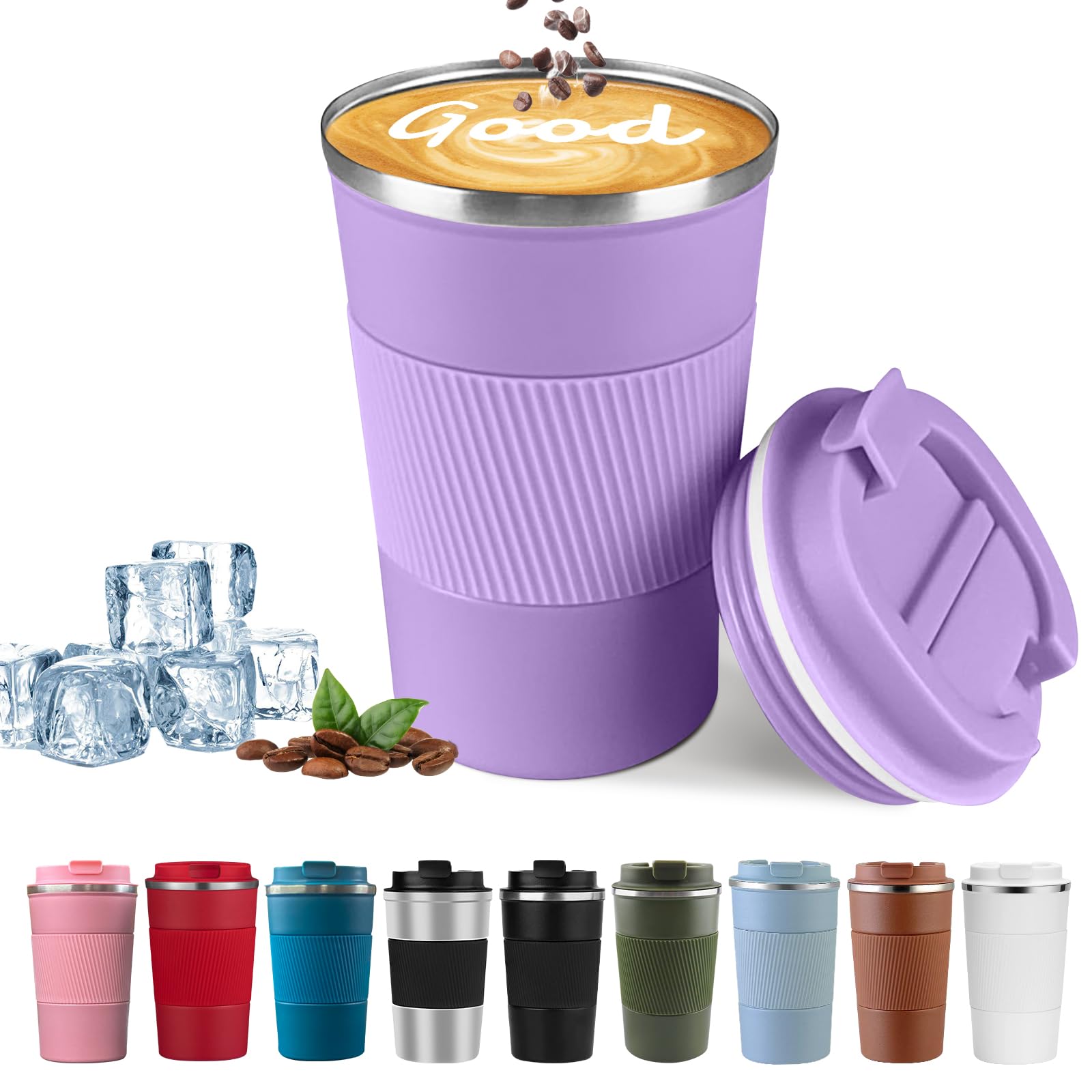 YINBAOGE purple 12oz insulated travel mug fits most cup holders.