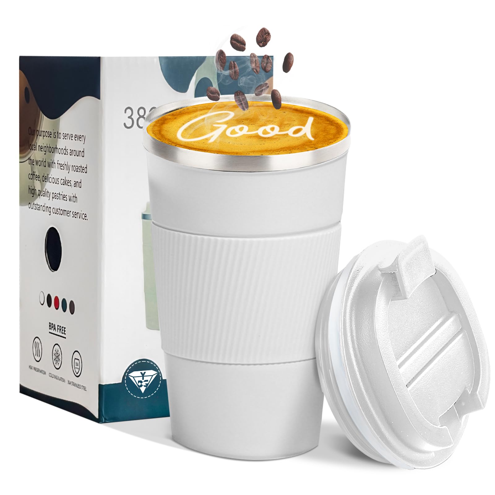 YINBAOGE insulated travel mug with 12oz capacity keeps drinks hot and ready to enjoy on the go.