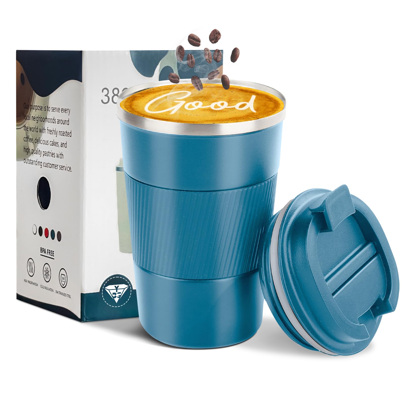 YINBAOGE insulated blue travel mug keeps hot or cold drinks ready on the go.