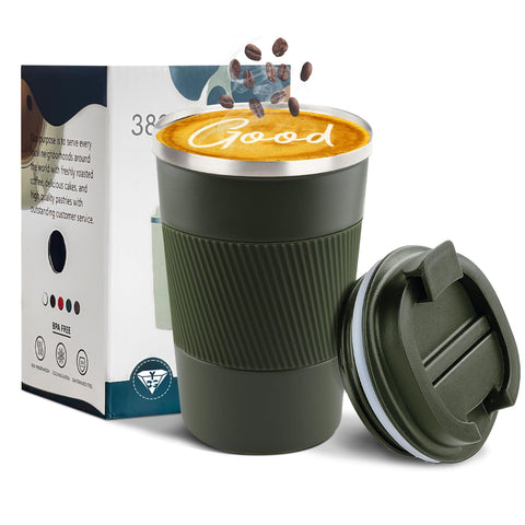 YINBAOGE insulated travel mug in green with 14oz capacity keeps beverages hot or cold on the go.