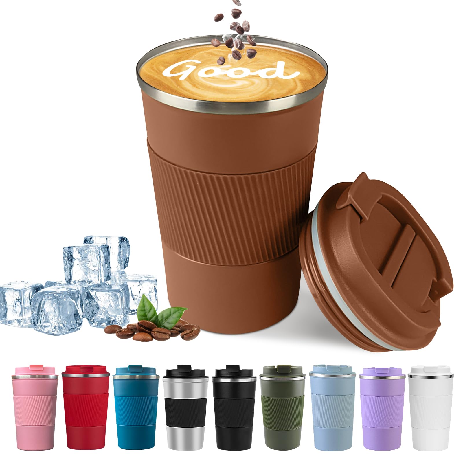 YINBAOGE insulated travel mug 12oz brown keeps beverages hot or cold on the go