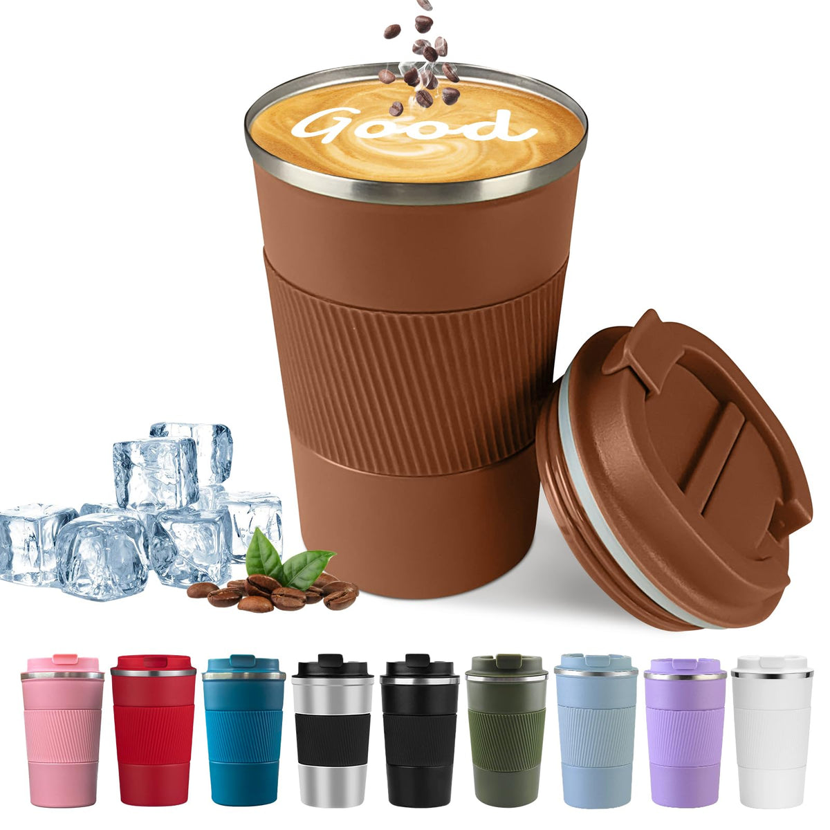 YINBAOGE insulated travel mug 12oz brown keeps beverages hot or cold on the go