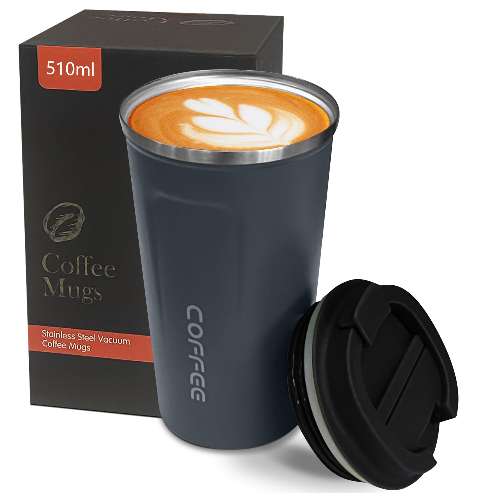 YINBAOGE insulated travel mug with blue lid keeps beverages hot or cold on the go.