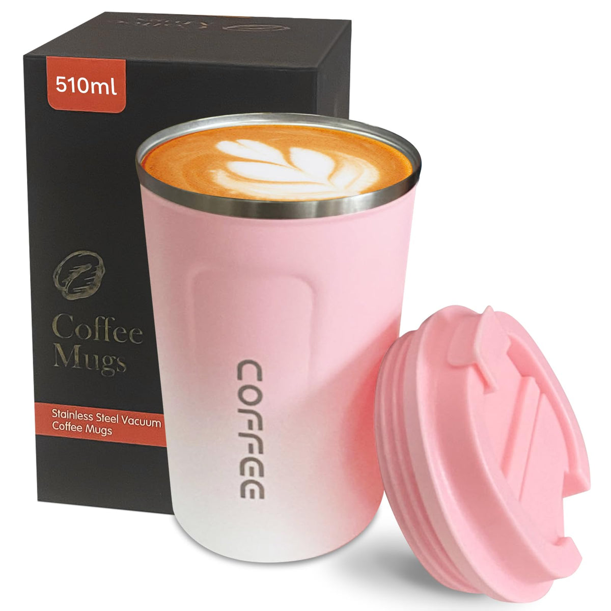 YINBAOGE insulated travel mug pink-white cap close-up showing secure lid for on-the-go use