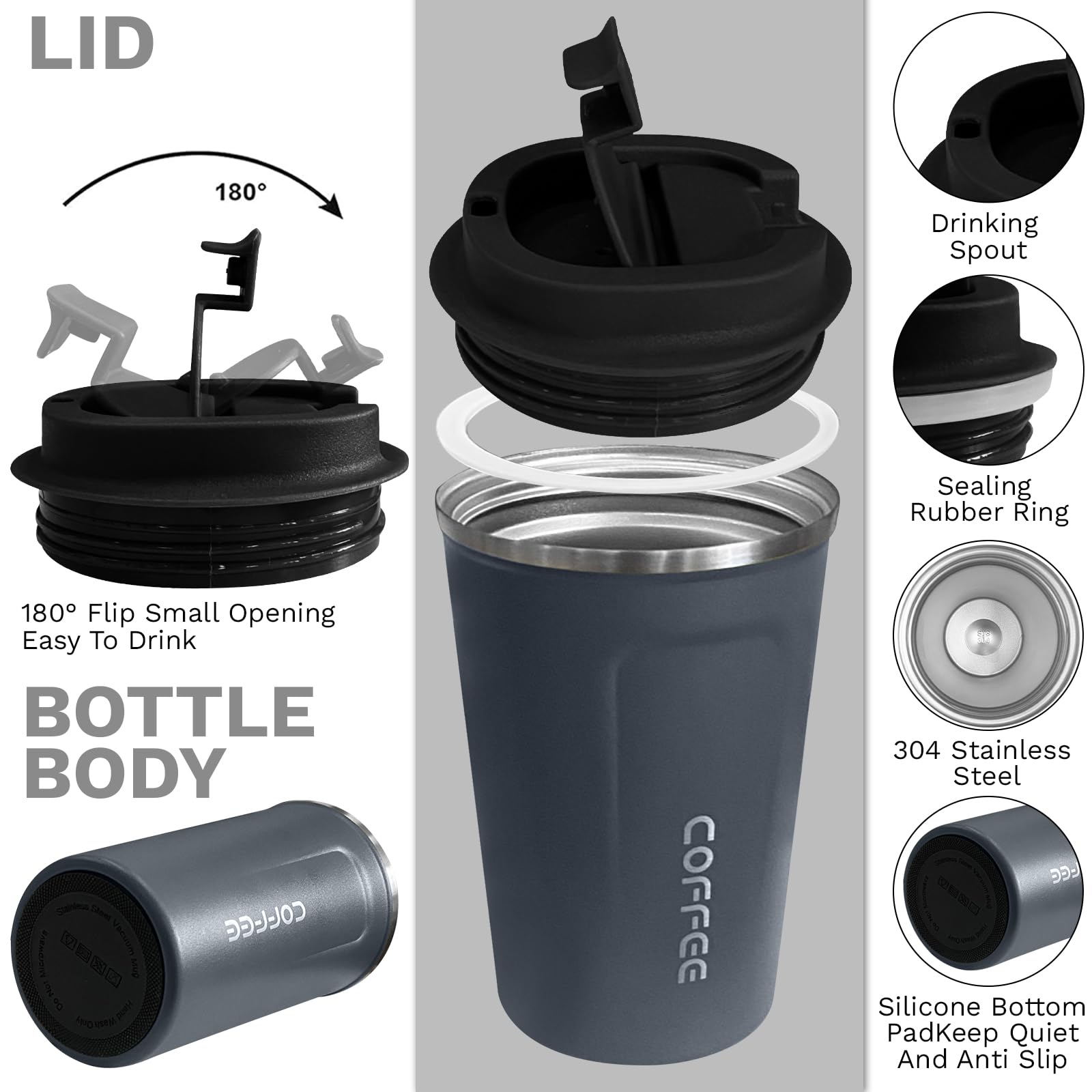 YINBAOGE travel mug shows silicone sleeve grip for ease during commutes.