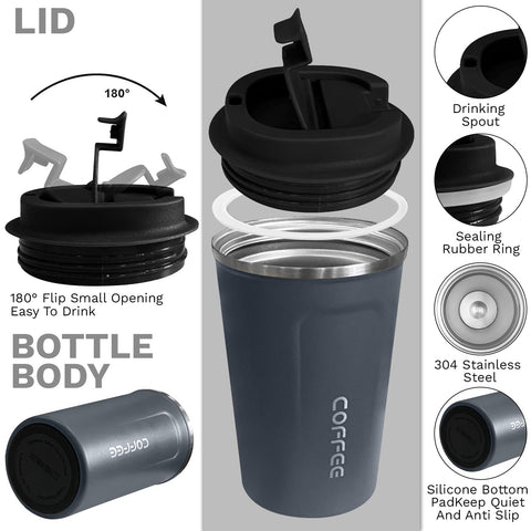 YINBAOGE travel mug shows silicone sleeve grip for ease during commutes.