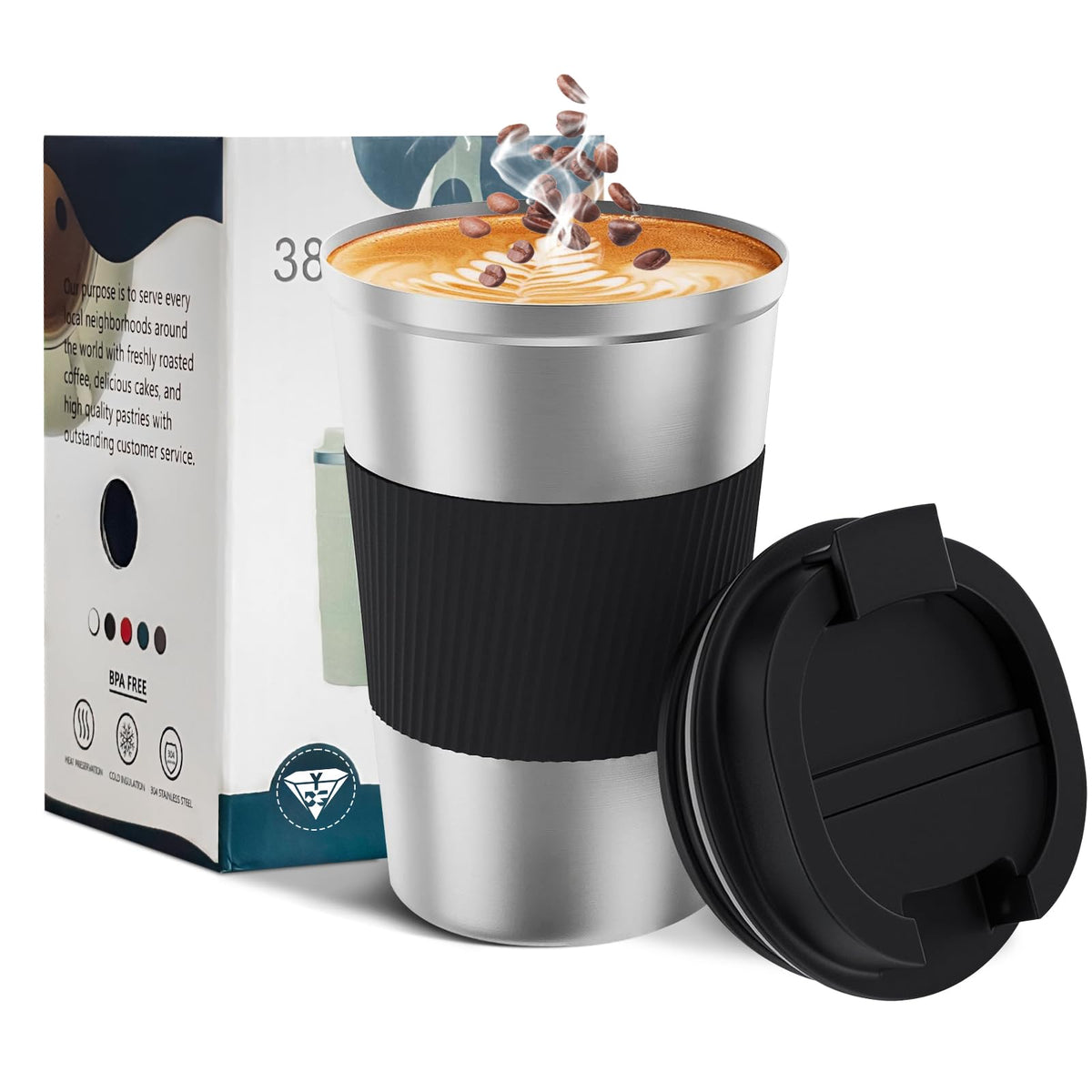 YINBAOGE insulated travel mug with silver finish showing durable stainless steel for hot and cold drinks