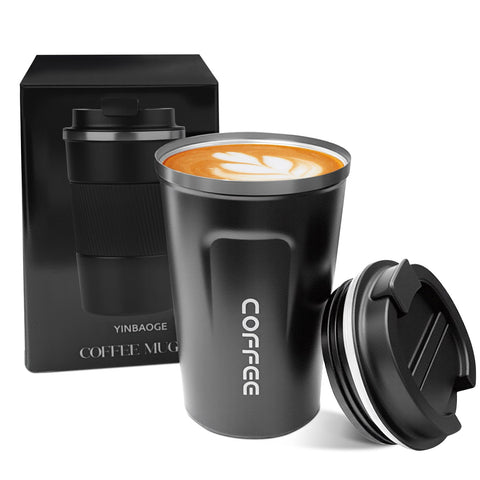 YINBAOGE insulated travel mug with spillproof lid keeps hot coffee on the go.